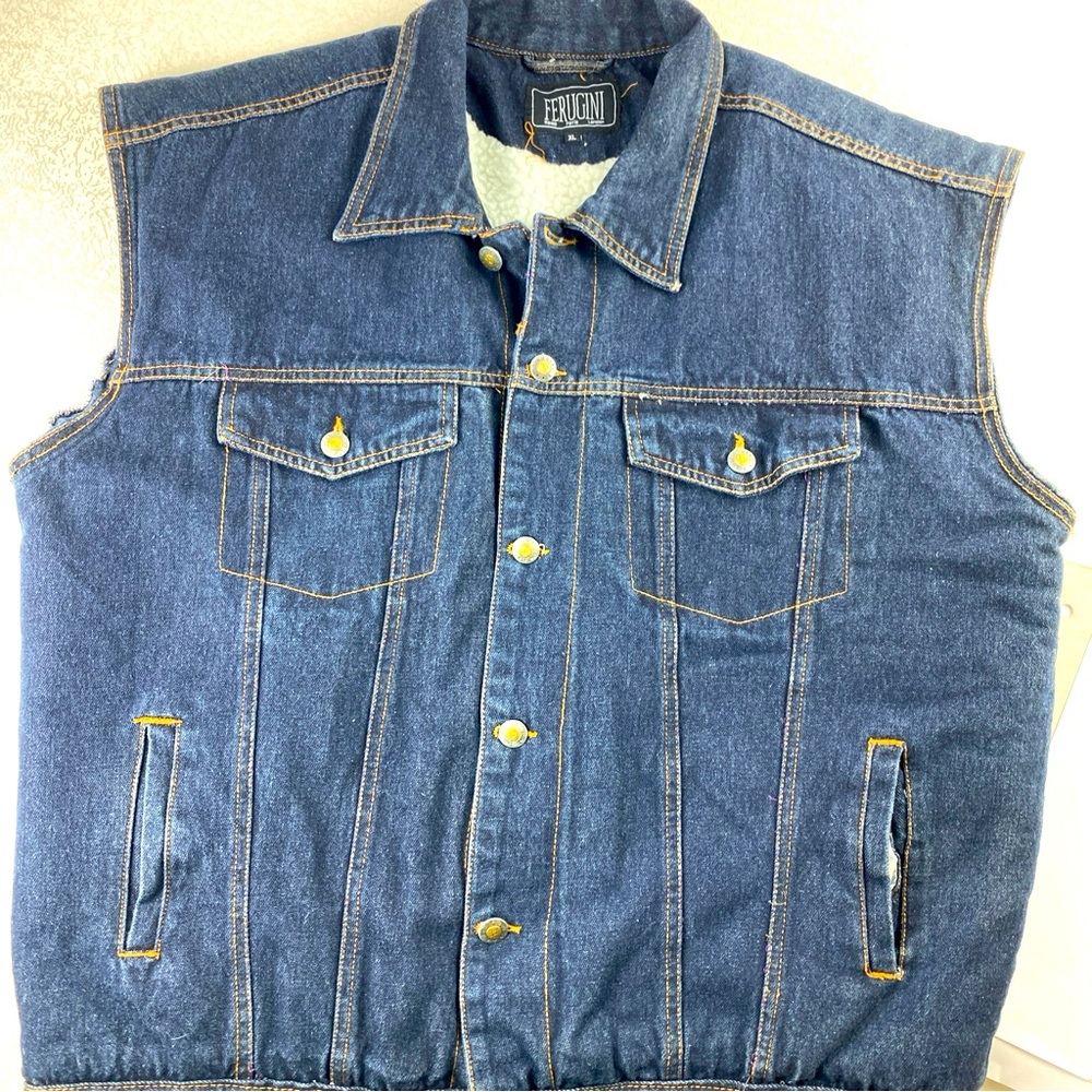 Men XL Blue Denim Western Vest FERUGINI Paris Full Lined Biker Winter Wear